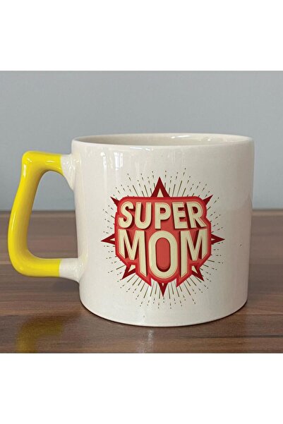 Kırtasiye Ofisi Super Mom Red Printed Yellow Handled D Mug