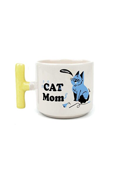 Kırtasiye Ofisi كوب على شكل حرف T بمقبض أصفر مطبوع عليه Cat Mom