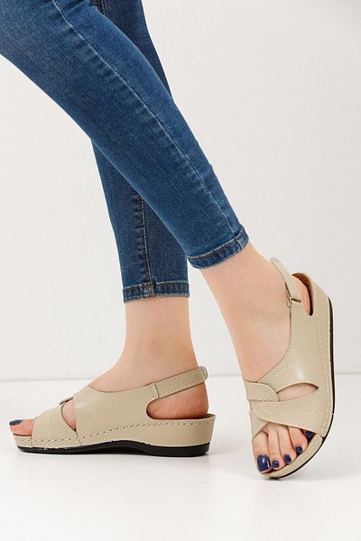 ELİS Orthopedic Soft Sole Velcro Summer Sandals for Women and Mother - Cream Color