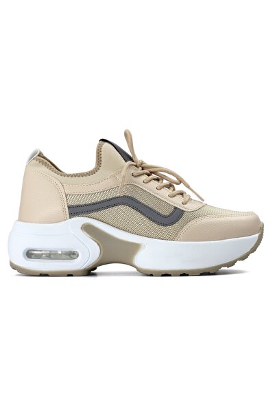 Flet Yüksek Taban Günlük Air Sneaker Ayakkabı Kadın Bej 0121