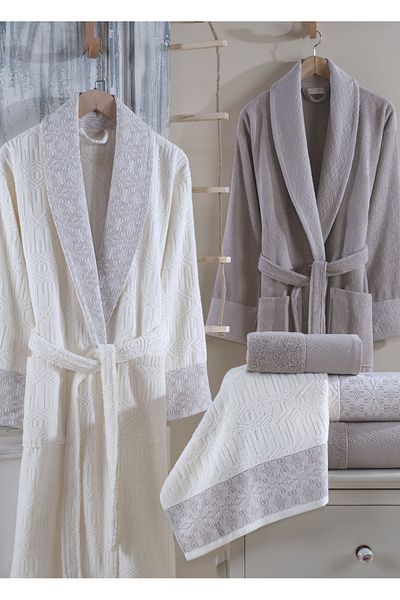 Dantela Lal 6-Piece Jacquard Cotton Bathrobe Set - Cream/Brown