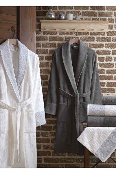 Dantela Lal 6'lı Jakarlı Pamuk Bornoz Seti - Krem/Gri