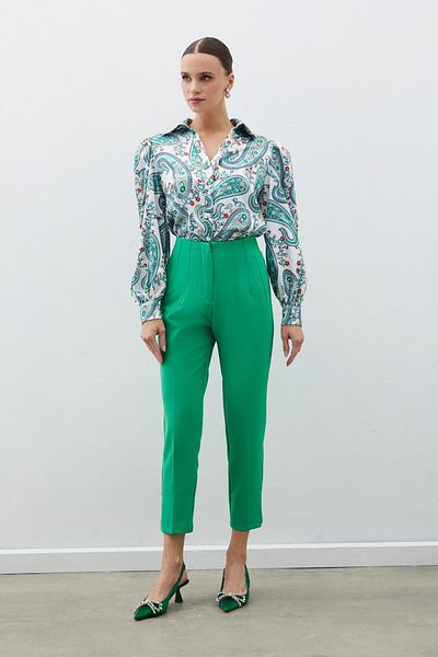 Sateen High Waist Trousers - Green