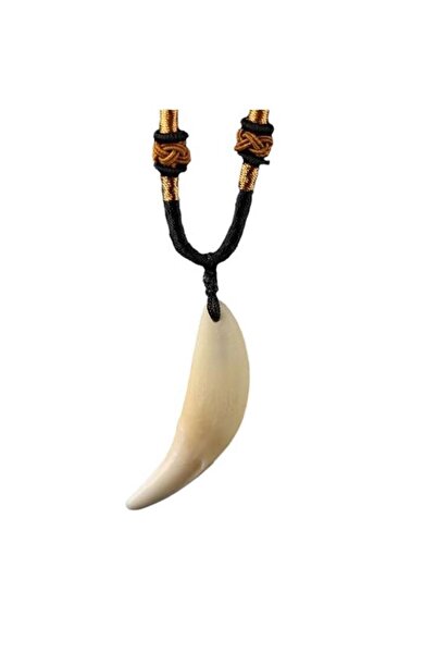 Profisher Doğal Tibet 3-4cm Kurt Dişi Kolye Beyaz Ayarlı Kordon İp 2 Boncuk