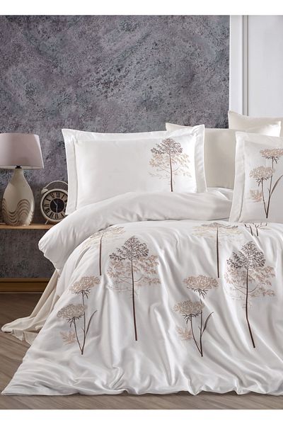 Dantela Set cuvertură de pilota din satin de bumbac cu broderie Zümra - crem/bej