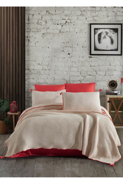 Dantela Drina Çift Kişilik Püsküllü Yatak Örtüsü Seti - Mercan