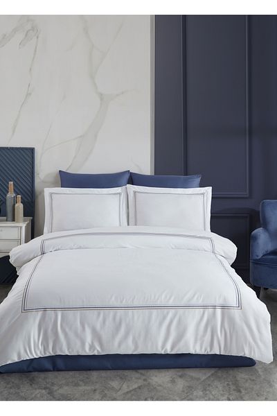 Dantela Florentino Embroidered White-Navy Blue Cotton Satin Duvet Cover Set