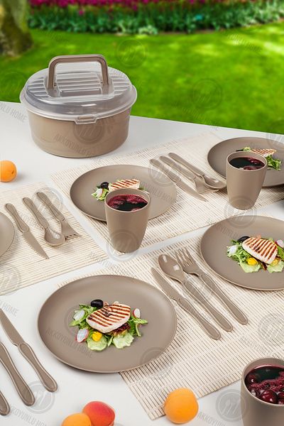 Akkoyunlu home Gray Picnic Set for 6 People - 32 Pieces (Fork, Spoon, Knife, Plate, Cup)