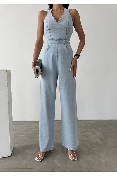 buqre's moda Salopetă din denim auriu - Detaliu nasturi