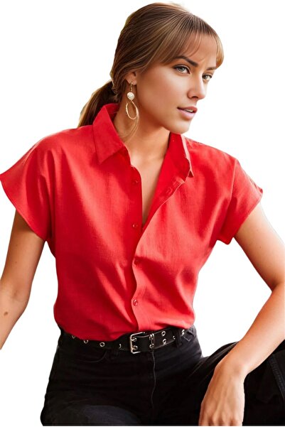 Cassime Red Linen Women's Shirt - Bat Sleeve, Buttoned