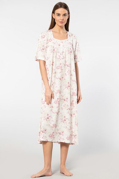 TÜREN Viscose Fabric - Flower Patterned Oversize Short Sleeve Women's Nightgown