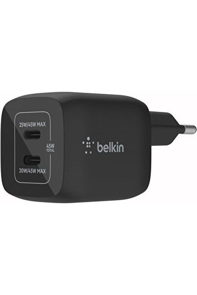 Belkin Çift USB-C Duvar Şarj Cihazı 45W Siyah GaN PD 3.0 Hızlı Şarj