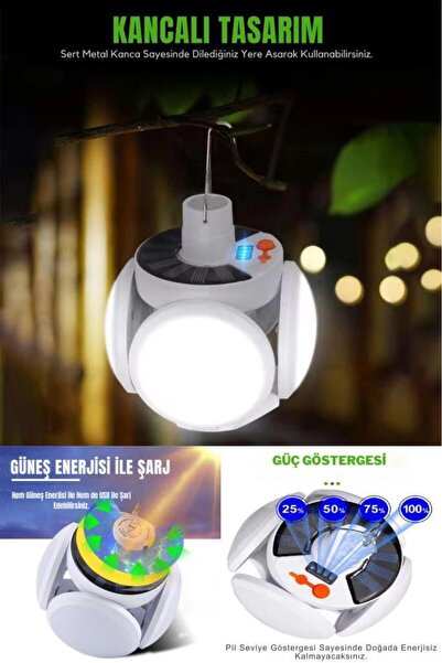 TUTYAKALA Solar Güneş Enerji Ve Usb Sarjlı 5 Kanatlı Bahçe Aydınlatma Led Ask...