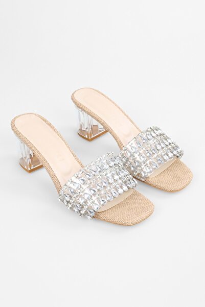 Shoeberry Lue Women's Stoned Straw Transparent Heeled Slippers