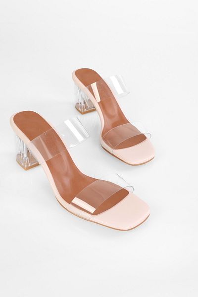 Shoeberry Beige Damen-Slipper mit Absatz - Rechenmodell mit transparenten Bändern