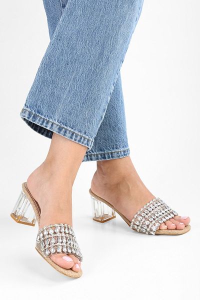 Shoeberry Lue Damen-Slipper aus transparentem Stroh mit Absatz