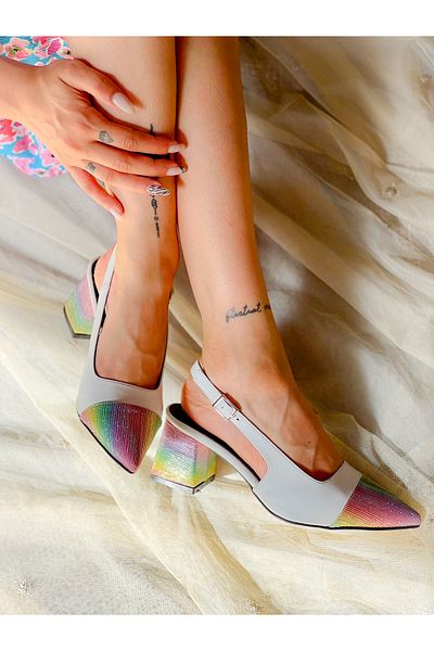 irmona Si̇ndi̇rella White Leather Colored Silvery Heeled Sandals Shoes