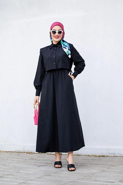 Swana Hijab Clothing Black Double Dress with Pocket Detail