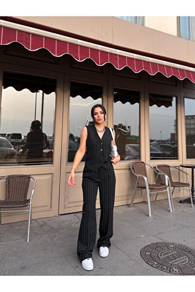 Bella Breeze Kadın Klasik Çizgili Yelek Pantolon Takım Elbise