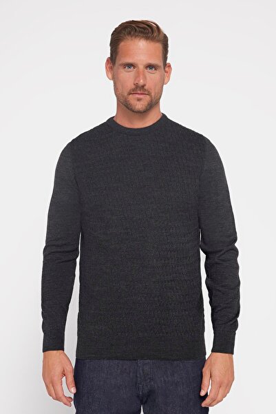 Tudors Slim Fit Crew Neck Self-Patterned Anthracite Men's Knitwear Sweater
