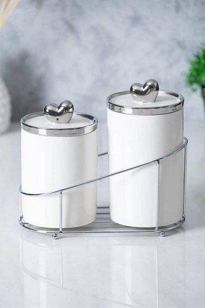 SUMRA HOME Silver Acar Porcelain 2-Piece Spice Set with Stand