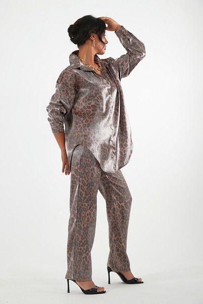 ABBRA Leopard Patterned Women's Shirt Set - 100% Cotton Shiny