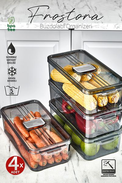 Eva Mia 4x Pieces Smoked 3 Lt Frostora Refrigerator Organizer with Lid - Storage Container and Organizer