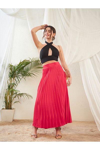Sassafras By Styli Pleated A-Line Satin Maxi Skirt