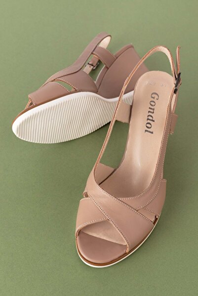 Gondol Kadın Hakiki Deri Dolgu Topuk Ayakkabı Şhn.7029 Vizon