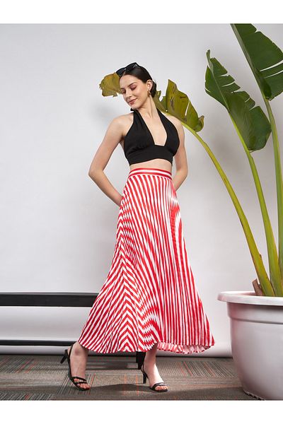 Sassafras By Styli Striped Pleated A-Line Satin Skirt