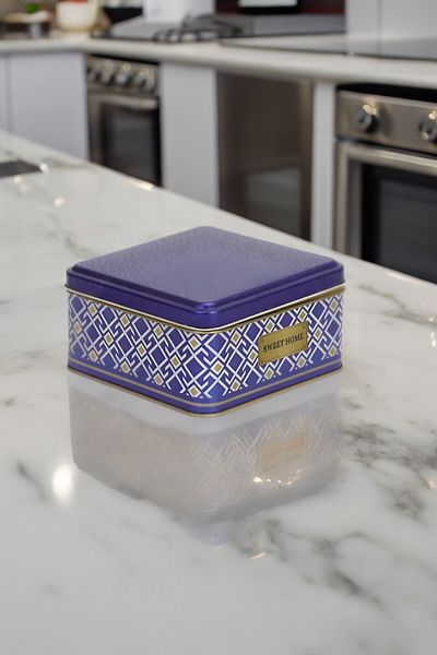 EVLE Ef026-93 Turkish Blue_swt Home Patterned Square Metal Storage Container 16x16 Cm
