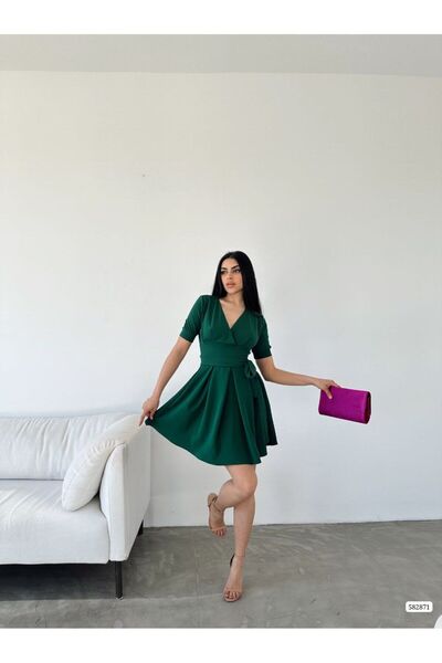 WoolnClyde Rochie de seară scurtă, cu guler dublu, verde, cu mânecă scurtă, c...