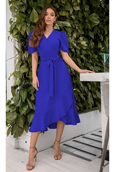 WoolnClyde Kadın Saks Mavi Kruvaze Yaka Volanlı Beli Bağlamalı Kuşaklı Kısa Kol Midi Abiye Elbise