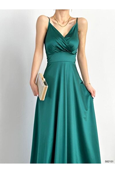 WoolnClyde Kadın Zümrüt Maxi Askılı Kruvaze Yaka Saten Abiye Elbise Mezuniyet...