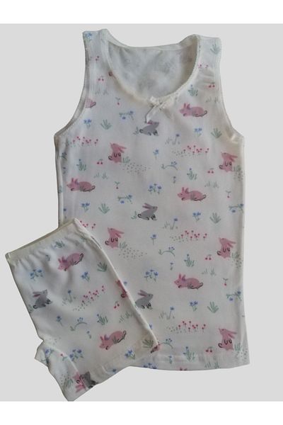 elmas kids Girl's Cotton Ecru Colored Rabbit Patterned Athlete Boxer Set