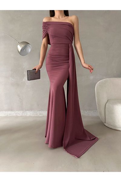 WoolnClyde Women's Powder Madonna Collar Single Short Sleeve Tail Detailed Maxi Length Drape Gathered Long Evening Dress