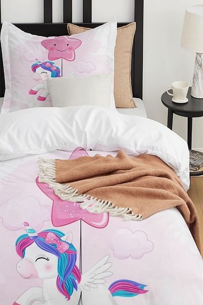 Else Dekor Pink Star Unicorn Patterned Single Children's Duvet Cover Set Without Sheets