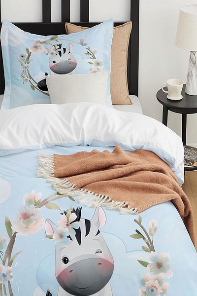 Else Dekor Blue Black and White Zebra Animal Patterned Single Children's Duvet Cover Set Without Sheets