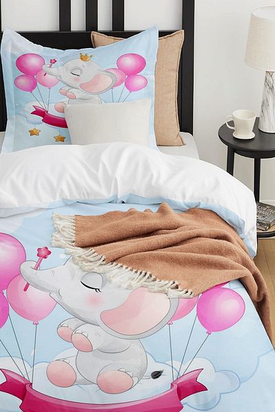 Else Dekor Pink Elephant Balloons Patterned Single Children's Duvet Cover Set Without Sheets