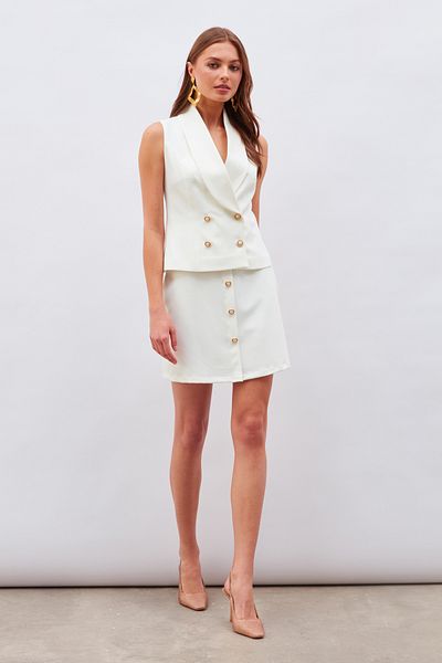 Sateen Button Detailed Mini Skirt - Ecru
