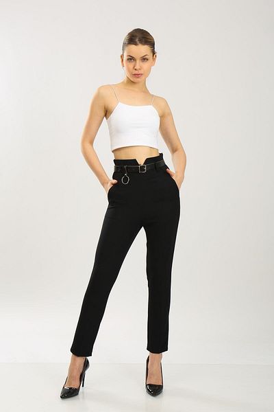WoolnClyde Women's Extra High Waist Fabric Leather Belt Detailed Trousers