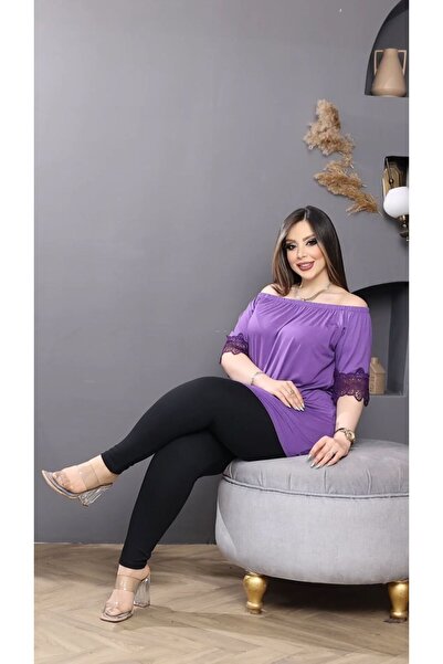 HÜLYA BUTİK Plus Size Purple Collar Elastic Modonna Blouse