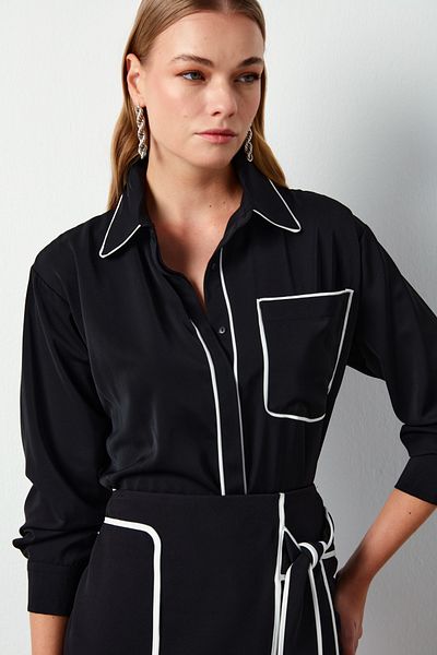 Sateen Cămașă lejeră cu buzunar - NEGRU
