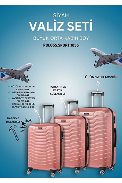 Polo55 Sport.1855 %100 Abs 3'lü Pembe Valiz Seti (KABİN-ORTA-BÜYÜK BOY)