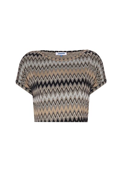 Meskan Tekstil Zigzag Desenli Kısa Kollu Örme Kumaş Crop