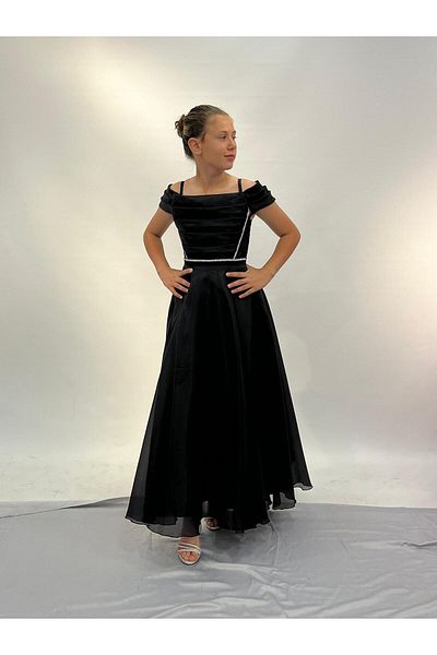 Erkut BlacK Chiffon Fabric Long Girl's Evening Dress