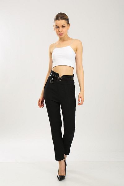WoolnClyde Women's Extra High Waist Fabric Leather Belt Detailed Trousers