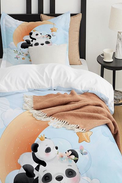 Else Dekor طقم غطاء لحاف فردي للأطفال بدون ملاءات منقوشة من Pandas Sleeping on the Moon