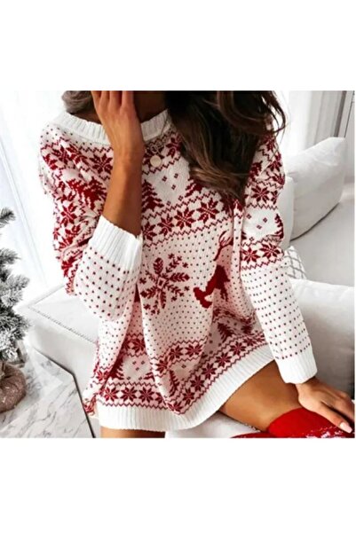 SolQ Jacquard Knitted New Year's Patterned Mini Knitwear Sweater-Dress