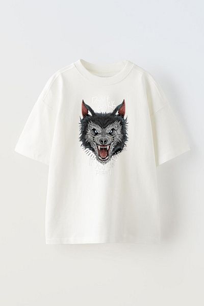 THEWERT Tricou alb oversize din bumbac unisex cu imprimeu Wolf - Don't Bark